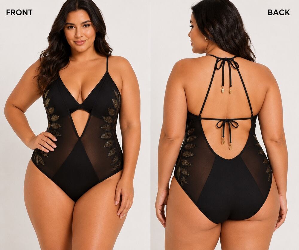 Ashley Graham x Swimsuits For All Size 18 Black One Piece Cutout Mesh Swimwear